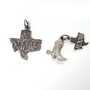 Vintage TEXAS Charm Set of 2 Sterling & Nickle Silver Travel Boot State 60s-70s